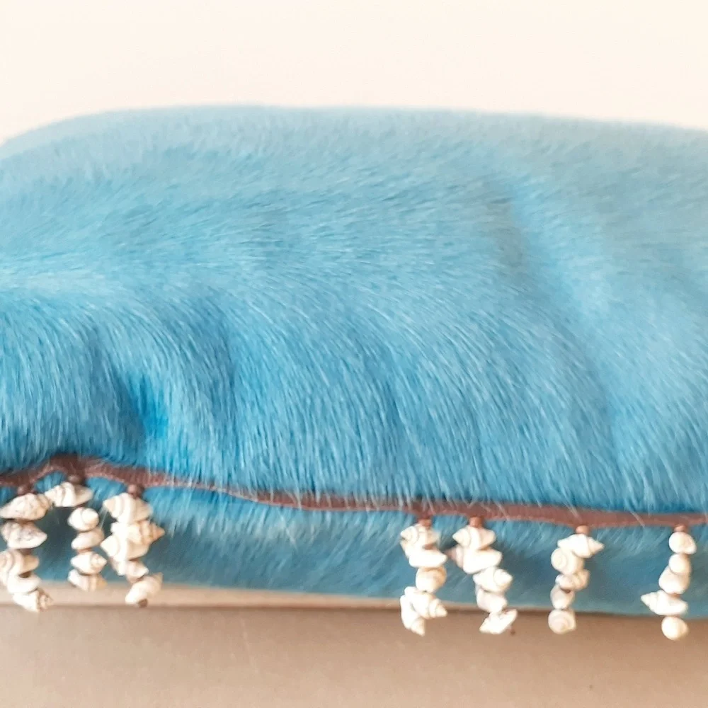 Oversize blue Calf fur throw pillow Decor Nautical Sea Shell trim Accent pillow